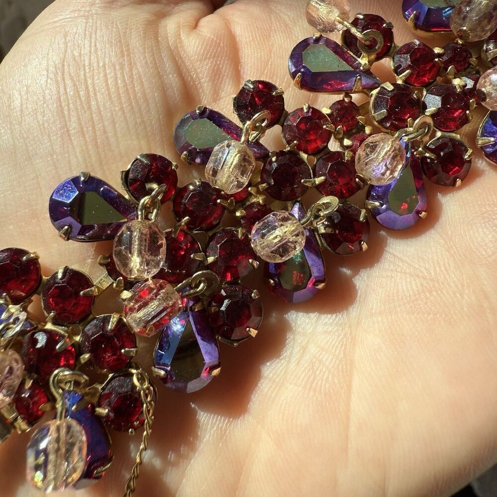 Vintage Kramer Demi-Parure Red Aurora Borealis AB Teardrop Pink Dangle Balls - Picture 16 of 16
